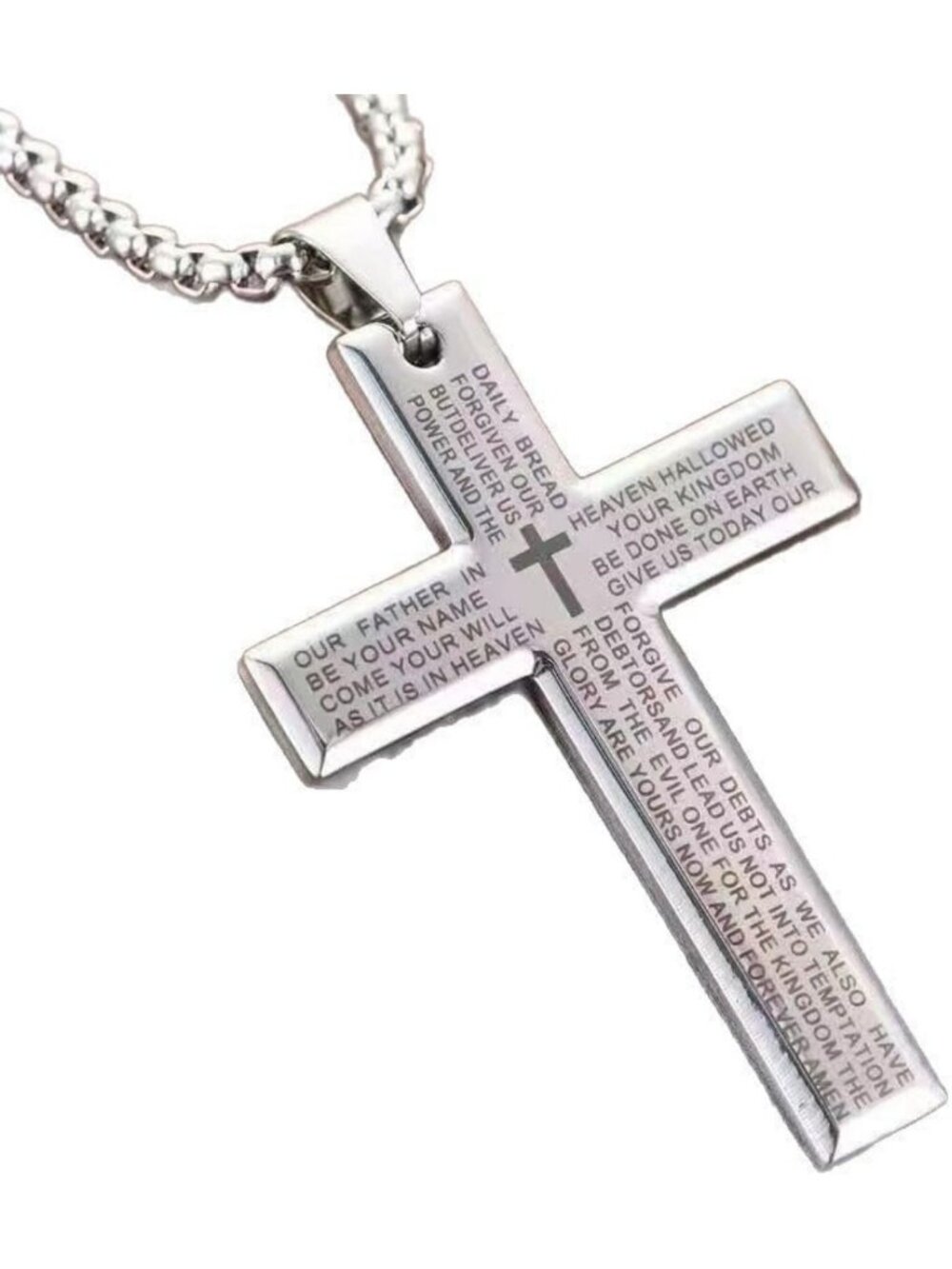 Men's Titanium Steel Cross Necklace with Lord's Prayer, 23.6" Stainless Steel